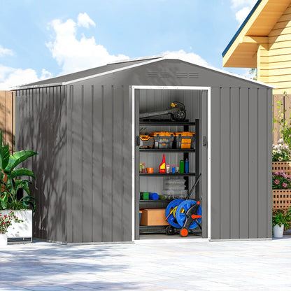 8 x 6ft Galvanised Steel Garden Shed with Lockable Double Sliding Doors – Large Outdoor Metal Storage, Ventilated, Weather & Rust Resistant, Light Grey