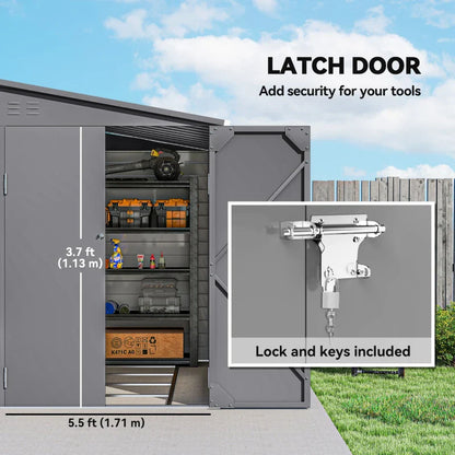 5x9ft Galvanised Metal Garden Shed with Foundation Kit – Lockable Outdoor Lean-to Storage with Vents & Gloves – Grey