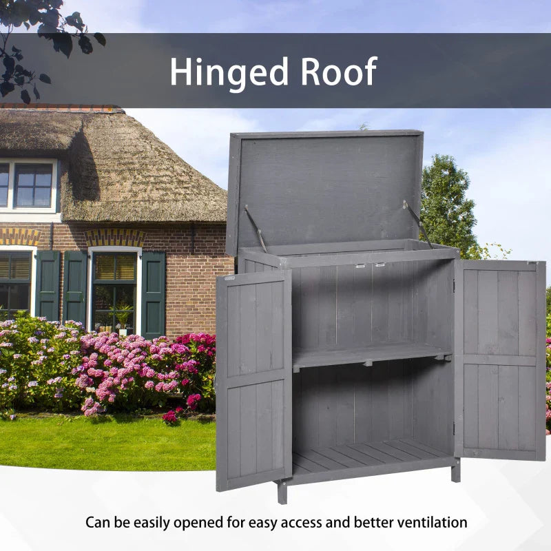Wooden Garden Shed with Hinged Roof and Removable Shelf Outdoor Tool Storage Cabinet Double Doors 74x43x88cm Grey