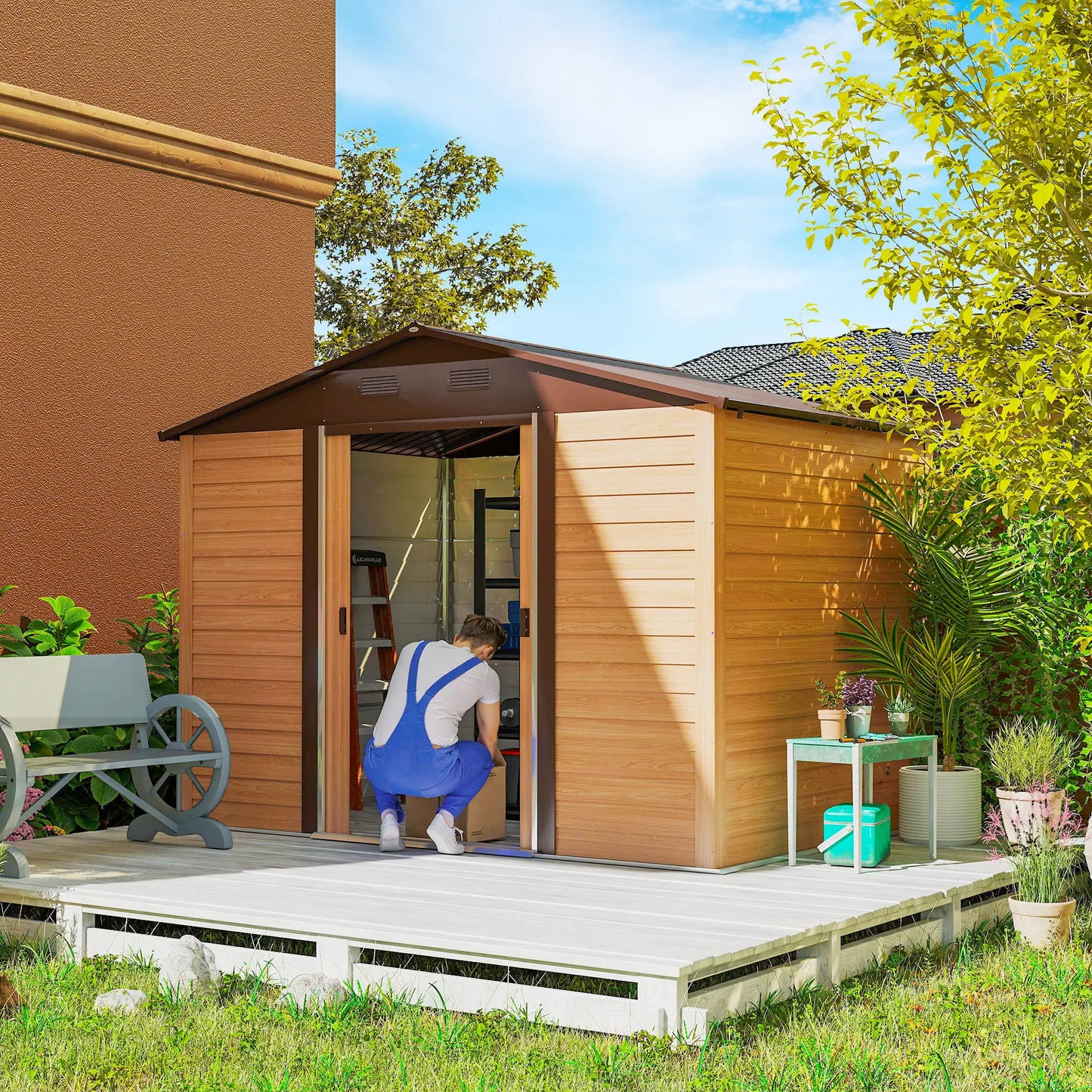 9ft x 6ft Galvanised Steel Shed - Brown Wood-Effect With Sliding Doors
