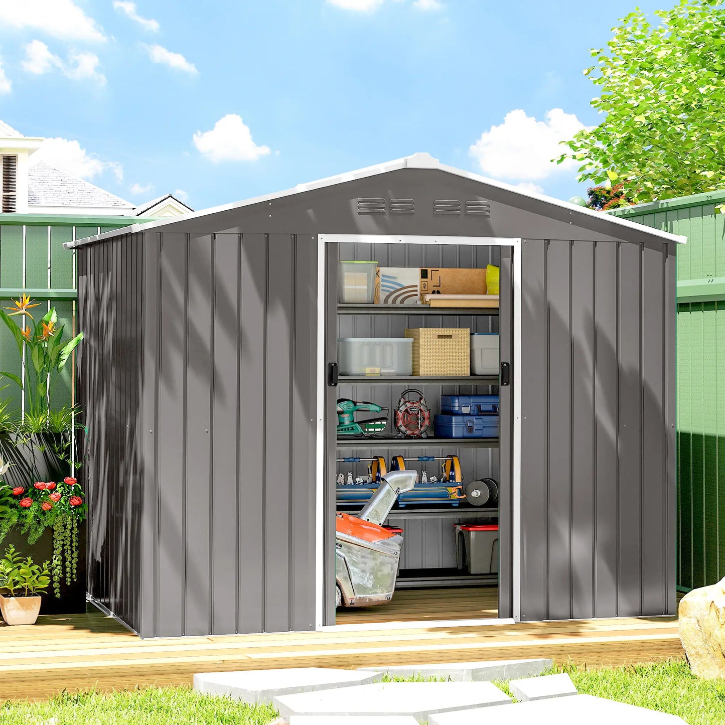 8 x 6ft Galvanised Steel Garden Shed with Lockable Double Sliding Doors – Large Outdoor Metal Storage, Ventilated, Weather & Rust Resistant, Light Grey