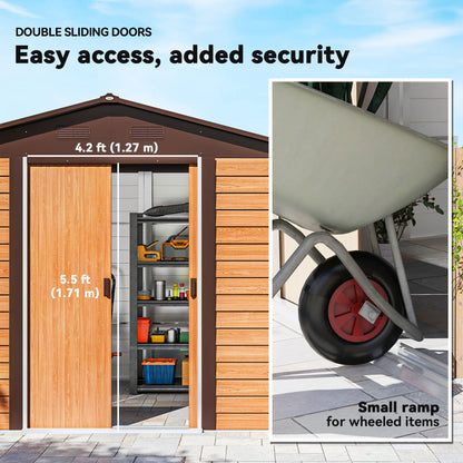 9ft x 6ft Galvanised Steel Shed - Brown Wood-Effect With Sliding Doors