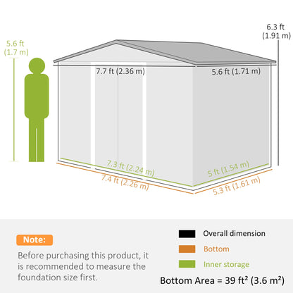 8 x 6ft Galvanised Steel Garden Shed with Lockable Double Sliding Doors – Large Outdoor Metal Storage, Ventilated, Weather & Rust Resistant, Light Grey