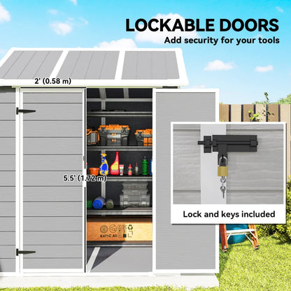 6ft x 6ft Garden Shed with Floor, Windows, Lockable Doors and Vents - Wood Effect Resin Tool Shed for Outdoor Patios