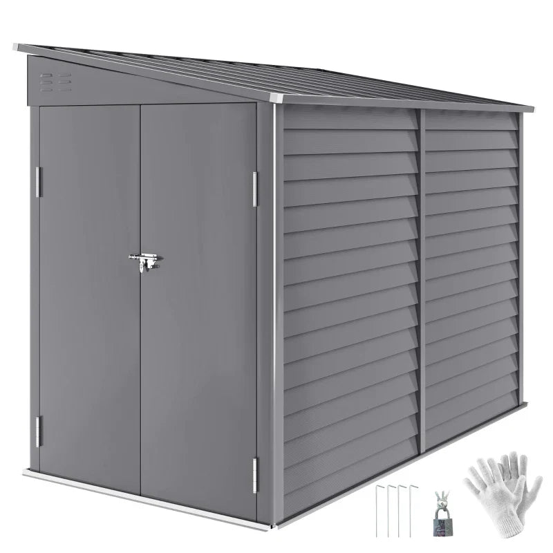 5x9ft Galvanised Metal Garden Shed with Foundation Kit – Lockable Outdoor Lean-to Storage with Vents & Gloves – Grey