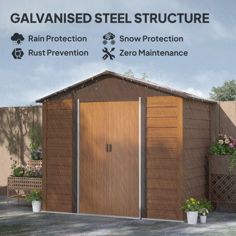 6ft x 8ft Garden Storage Shed with Sliding Door - Durable Brown Wood Effect Outdoor Storage