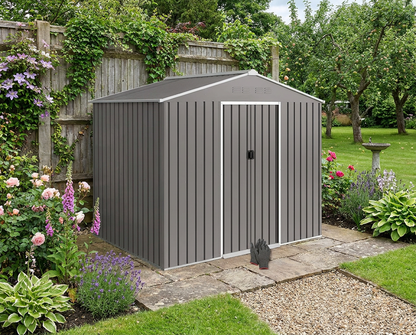 8 x 6ft Galvanised Steel Garden Shed with Lockable Double Sliding Doors – Large Outdoor Metal Storage, Ventilated, Weather & Rust Resistant, Light Grey