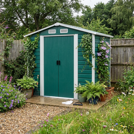 7ft x 4ft Green Metal Garden Shed - Easy Assembly, Galvanised Steel, Double Doors, Vents