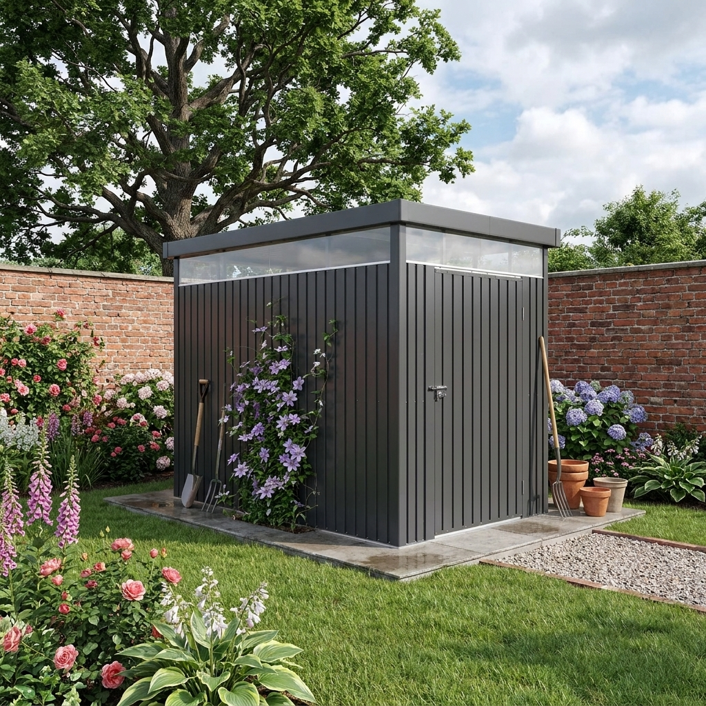 5.3 x 8.5ft Galvanized Steel Garden Shed with Windows, Lockable Door for Outdoor Storage