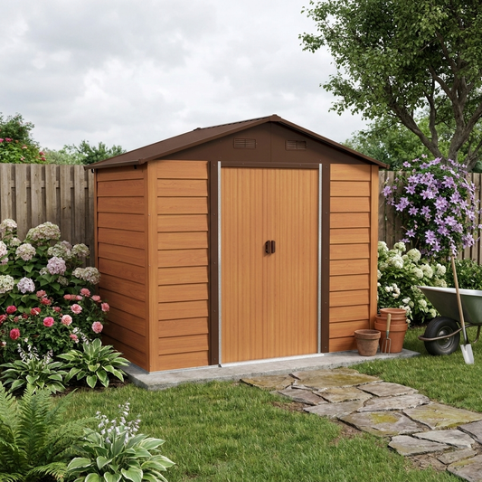 6ft x 8ft Garden Storage Shed with Sliding Door - Durable Brown Wood Effect Outdoor Storage
