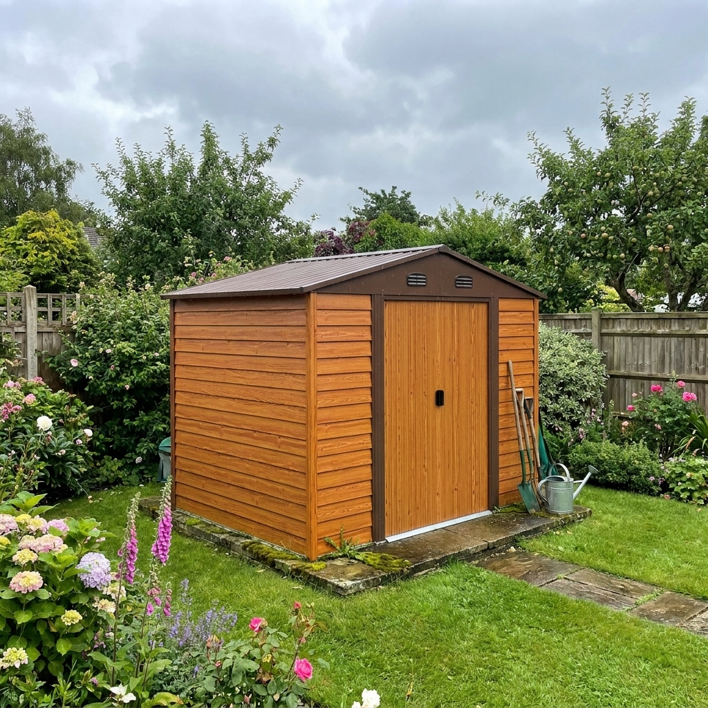 9ft x 6ft Galvanised Steel Shed - Brown Wood-Effect With Sliding Doors