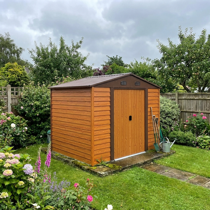 9ft x 6ft Galvanised Steel Shed - Brown Wood-Effect With Sliding Doors