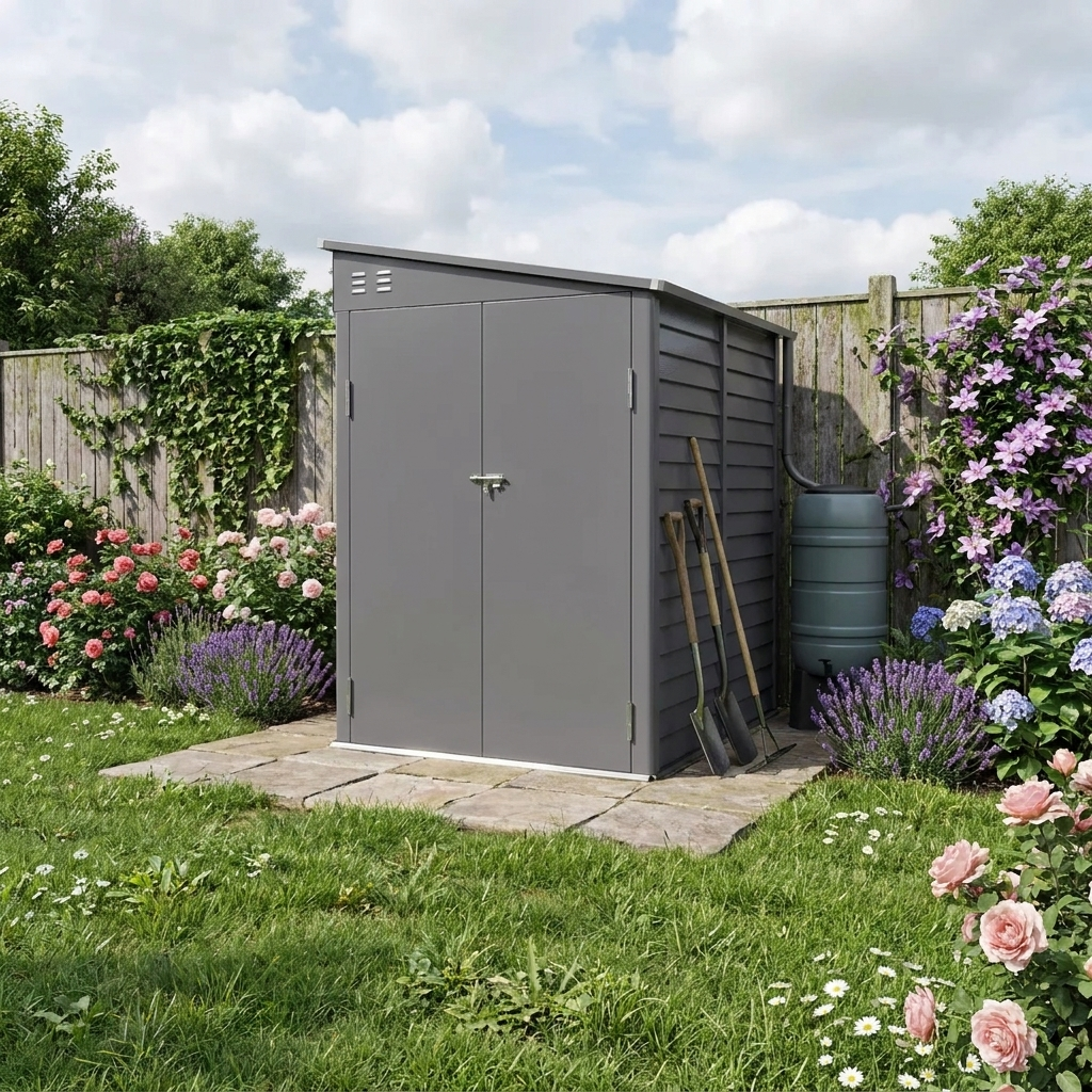 5x9ft Galvanised Metal Garden Shed with Foundation Kit – Lockable Outdoor Lean-to Storage with Vents & Gloves – Grey