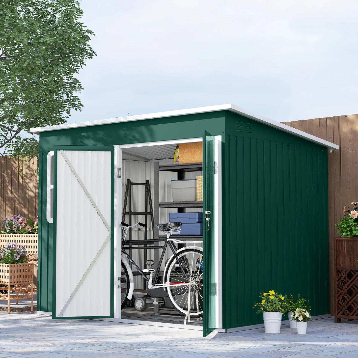 8.5ft x 6ft Green Metal Shed with Foundation Kit, Window, Lockable Wide Doors and Air Vents