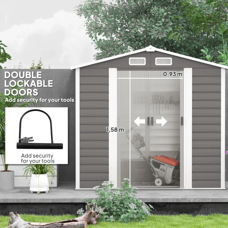 7x4ft Metal Garden Shed - Easy Assembly, Galvanised Steel, Double Doors, Vents, Light Grey