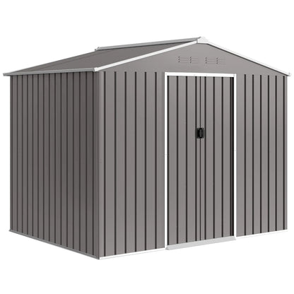 8 x 6ft Galvanised Steel Garden Shed with Lockable Double Sliding Doors – Large Outdoor Metal Storage, Ventilated, Weather & Rust Resistant, Light Grey
