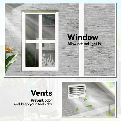 6ft x 6ft Garden Shed with Floor, Windows, Lockable Doors and Vents - Wood Effect Resin Tool Shed for Outdoor Patios