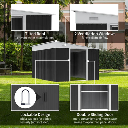 3.3 x 2.68m Black Corrugated Metal Garden Shed - Durable Outdoor Storage Solution