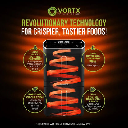 Tower T17190 Vortx 11L Dual Layer Air Fryer - Black with Chrome Trim