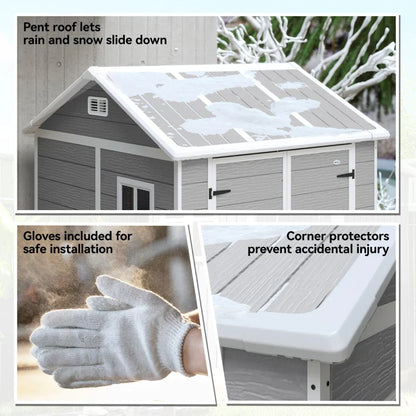 6ft x 6ft Garden Shed with Floor, Windows, Lockable Doors and Vents - Wood Effect Resin Tool Shed for Outdoor Patios