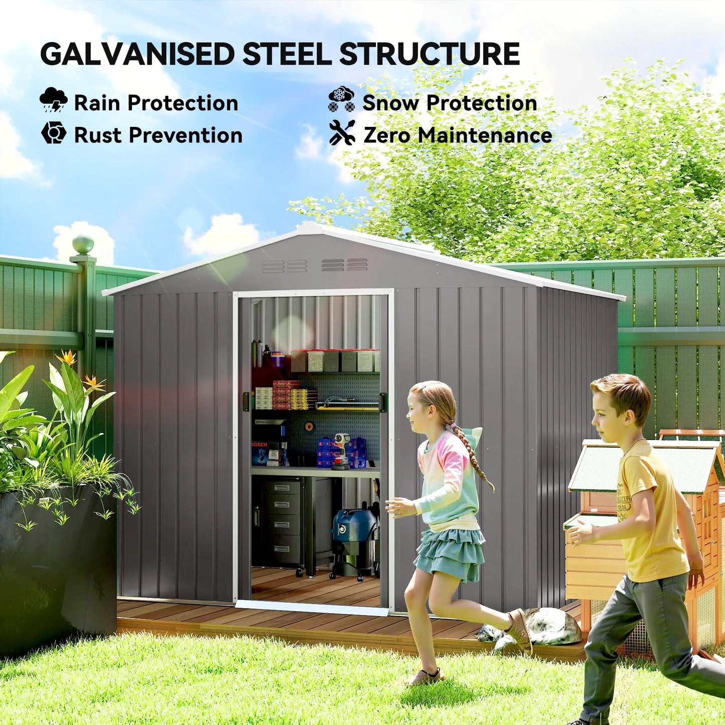 8 x 6ft Galvanised Steel Garden Shed with Lockable Double Sliding Doors – Large Outdoor Metal Storage, Ventilated, Weather & Rust Resistant, Light Grey